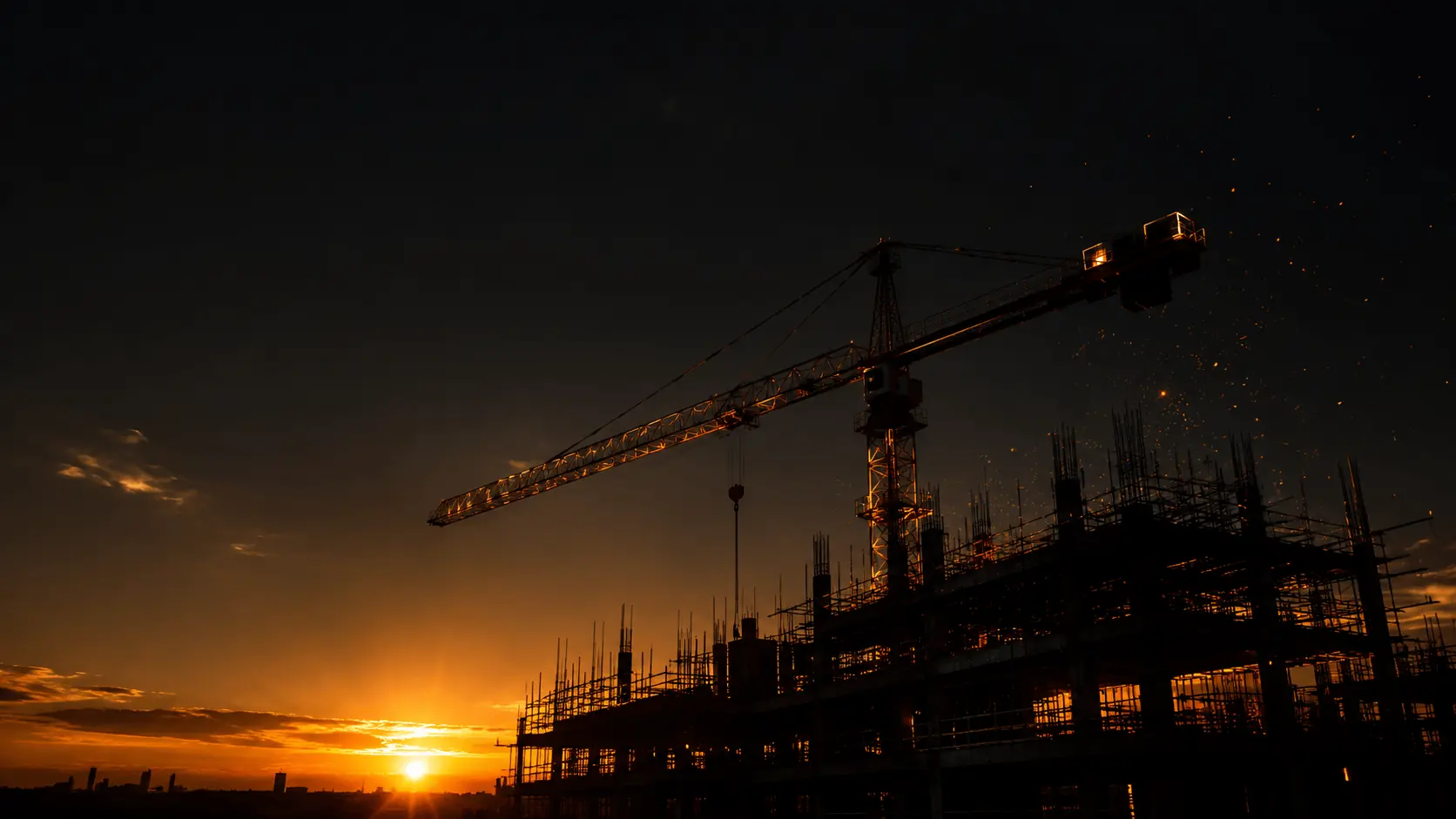 Silhouette of a construction crane and building framework at dusk, sparks glowing against an amber sunset sky.